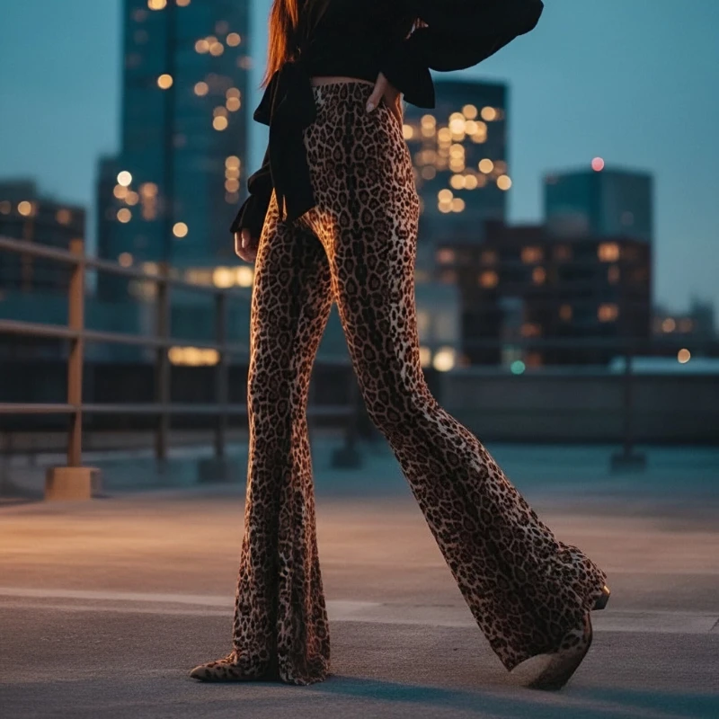 New Fashionable High-waisted Leopard Print Women's Slim Flared Sweatpants Thin Slacks Trousers Can Be Worn in All Seasons