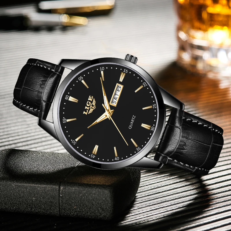 LIGE Fashion Luxury Quartz Men Watch Business Leather Band Auto Date Watches for Men Luminous Waterproof Sport Wristwatch Clocks