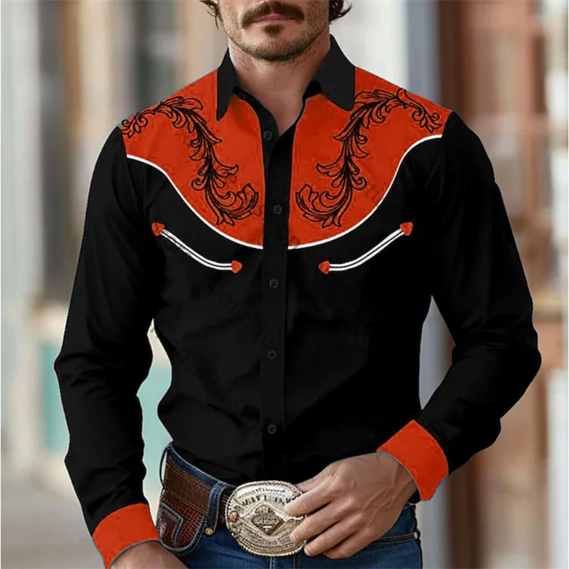 Camisa de hombre estilo retro occidental con estampado floral 2024, informal, para exteriores, calle, uso diario, primavera y verano, con solapa, manga larga, color negro, tallas S a 5XL, tejido elást