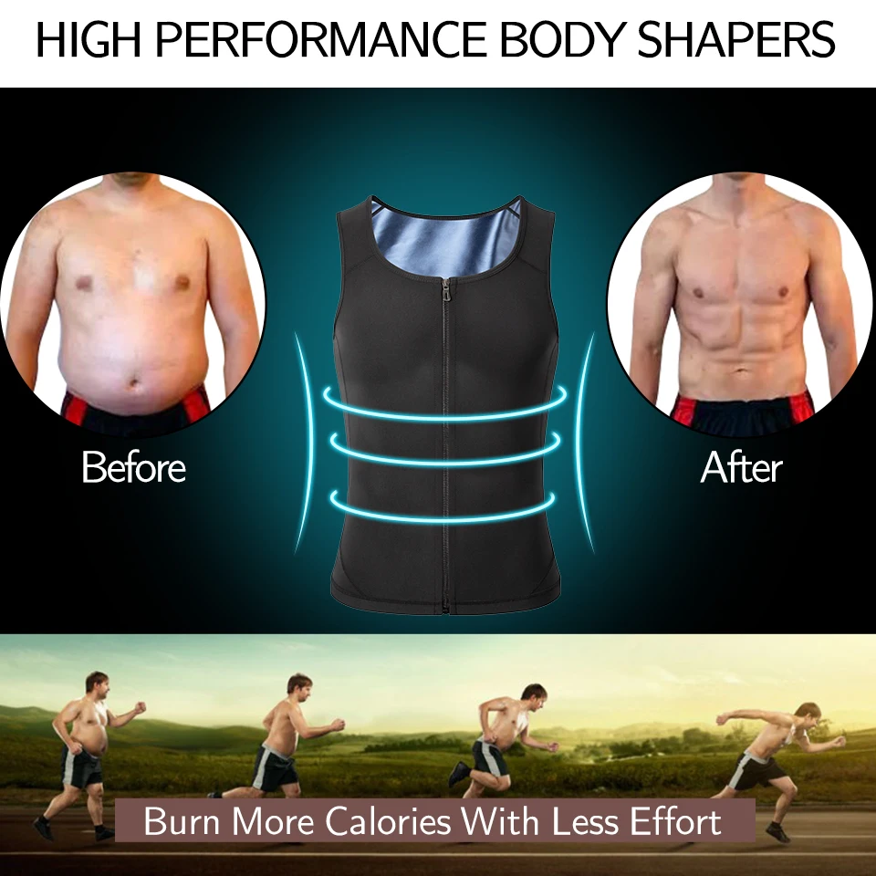 Men Sauna Sweat Vest Hot Polymer Corset Compression Waist Trainer Vest Workout Tank Top Zipper Weight Loss Body Shaper Shirt