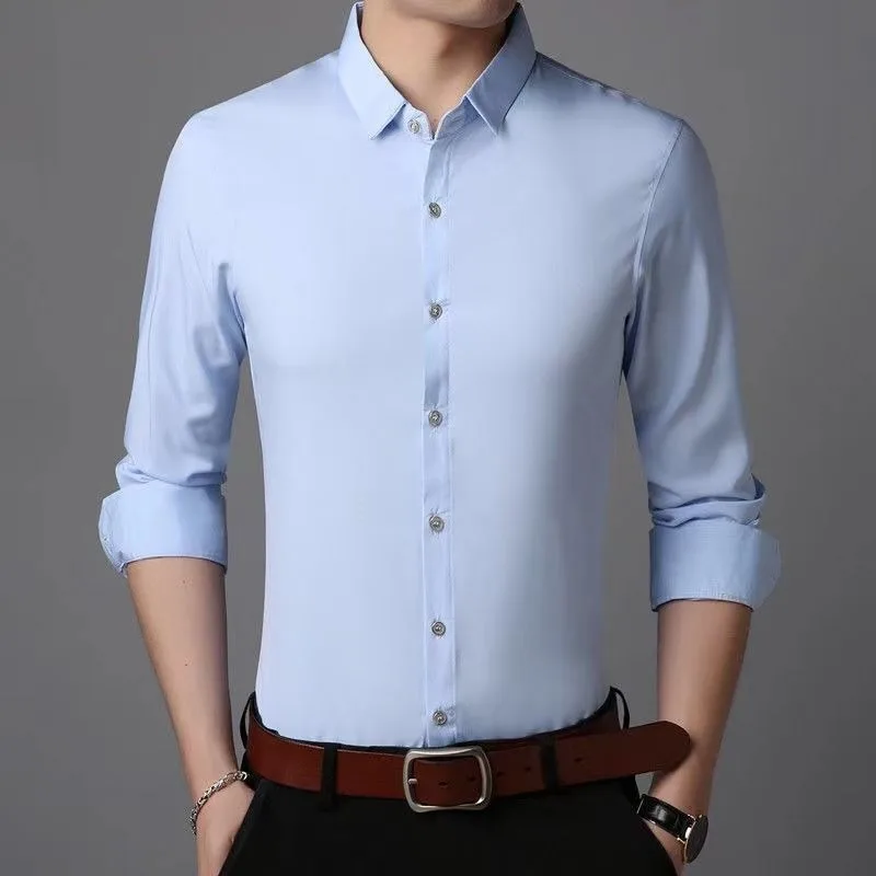 2023 New Men's Clothing Shirt Square Collar Long Sleeve Spring Autumn Casual All-match Business Solid Color Button Tops