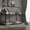Twin Over Twin Metal Floor Bunk Bed with Slide,Metal Junior House Twin Size House Bunk Bed Frame with Ladder & Roof for Boy Girl 1