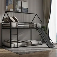 Twin Over Twin Metal Floor Bunk Bed with Slide,Metal Junior House Twin Size House Bunk Bed Frame with Ladder & Roof for Boy Girl 1