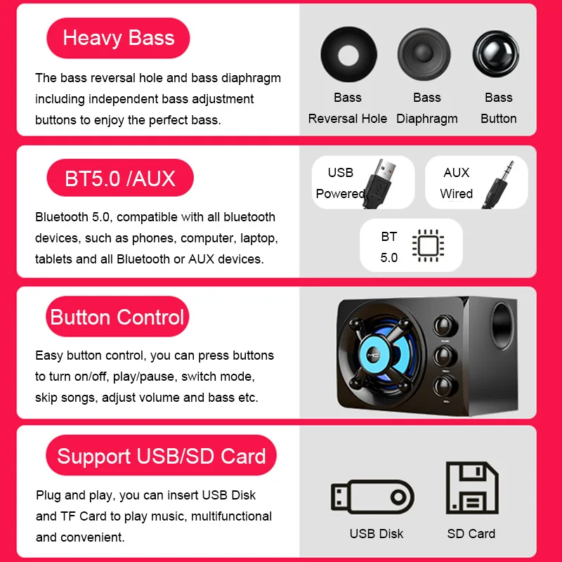 Wireless Bluetooth Speaker Audio Speakers HIFI 3D Stereo Speakers AUX USB Wired Wireless Bluetooth Audio Home Theater Surround Sound Bar TV