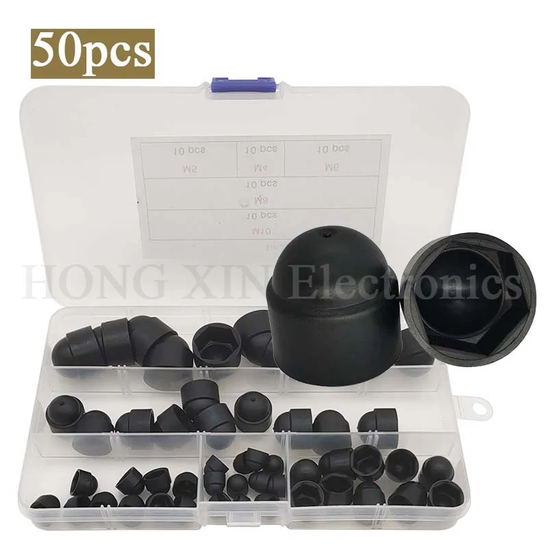 50pcs Black Plastic Dome Bolts Nuts Protection Cap Covers Exposed Hexagon PE Nut Bolt Assortment Kits M4 M5 M6 M8 M10