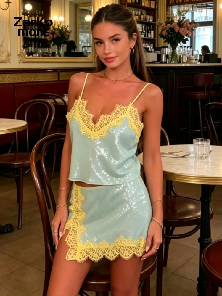 Sexy Women's Lace Sequined Skirt Sets V-neck Backless Cropped Sling Tops Mini A-line Skirt 2026 Summer Lady Beach Party Suits 1