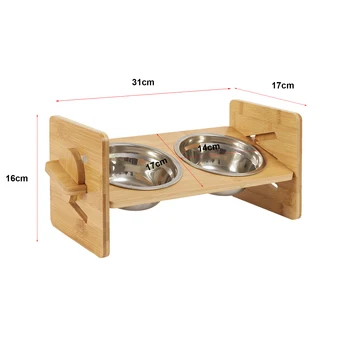 Raised Cat Bowls Wood Dog Cat Food Container Drinking Dish Bamboo Stand and Stainless Bowls Height Adjustable 4