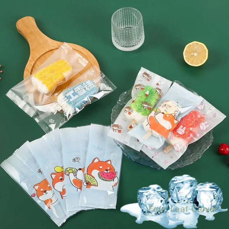 100pcs Food Grade Ice Cream Bags Disposable Plastic Popsicle Protective Cover Storage Cartoon Ice Popsicle Packing Bag DIY
