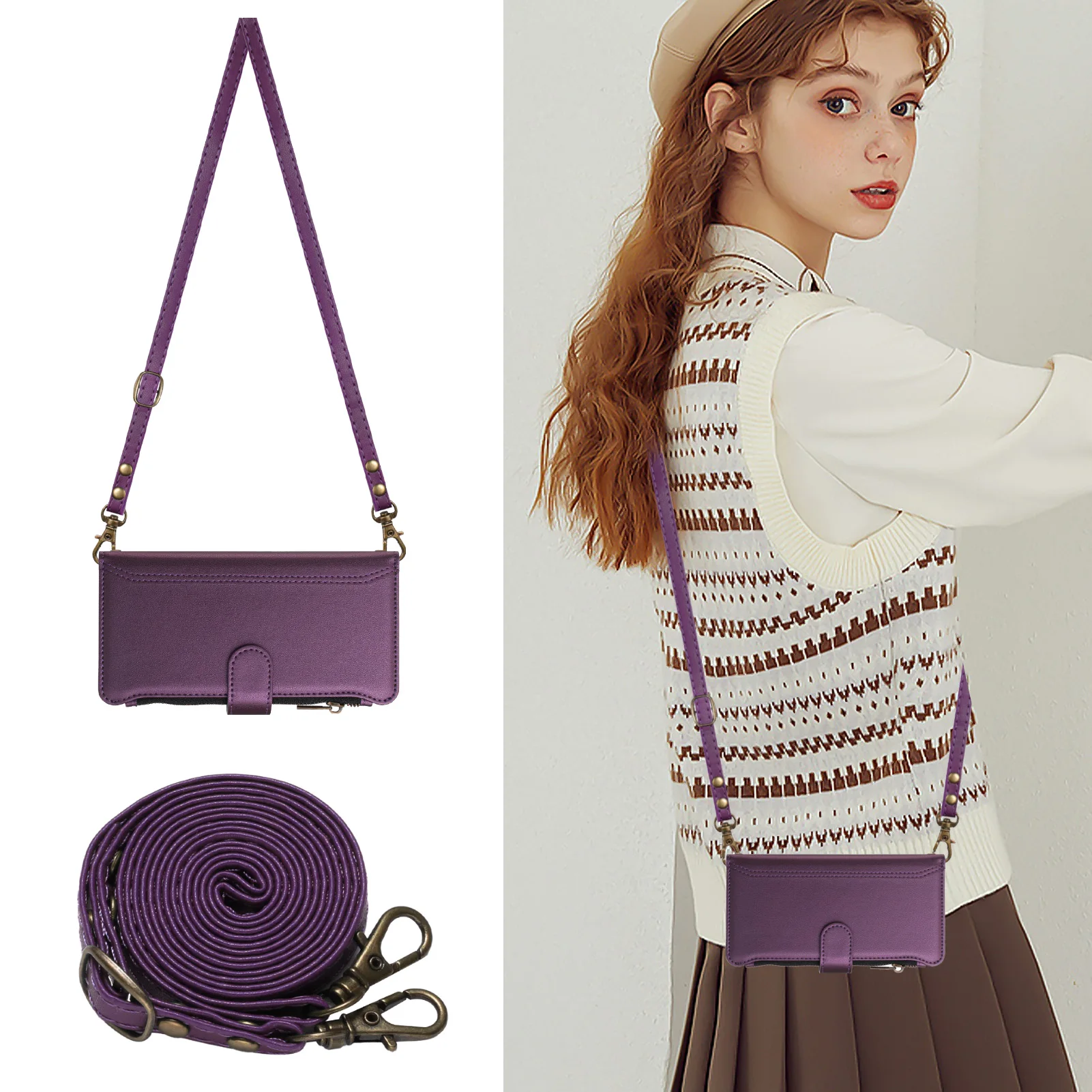 Elegant PU Leather Crossbody Wallet with Zipper and Wrist Strap