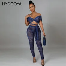 

Sexy Mesh See Through Print Two Piece Set Strapless Lace Up Sleeveless Crop Top+Bodycon Pants Suits Clubwear Party Women Outfits