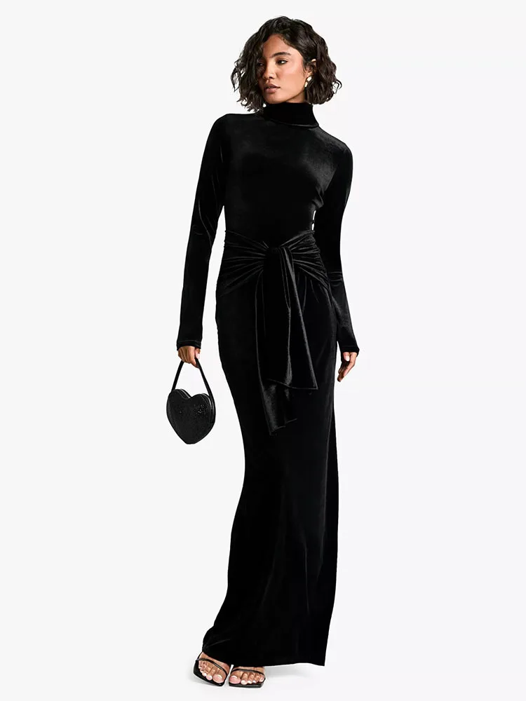 Elegant Long Sleeve Bodycon Korean Velvet Party Evening Dress Women Elastic Tight Vestido Autumn/Winter2025 New Clothing