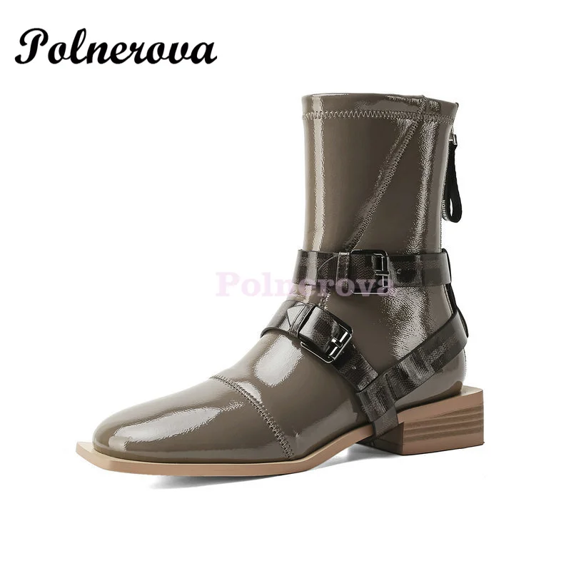 

Belt Buckle Women's Boots Ankle Boots Square Toe Flat Patent Leather Booties Bright Leather Back Zipper Mid Boots New In