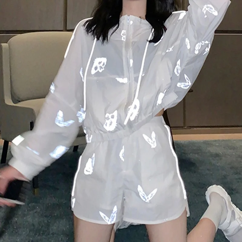 Hooded Thin Loose Top and Short Pants Butterfly Reflective Girl Sexy Streetwear Gothic Sportswear Women Summer Two Piece Sets