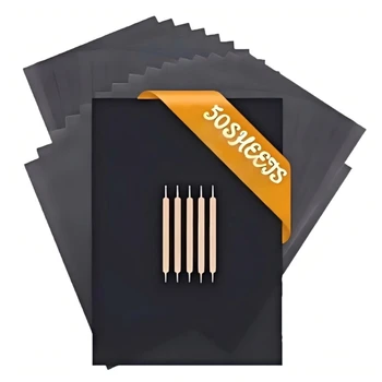 Set carta trasferibile per disegni con fogli carbone neri, 50 pezzi e 5 strumenti stilo per tracciare disegni tratto, e