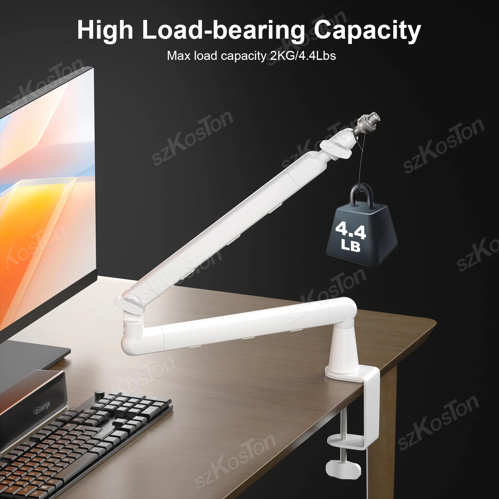 Microphone Boom Arm White Adjustable Low Profile Mic Stand with Extended Riser & Cable Management for SM7B MV7 AM8 K688 HyperX