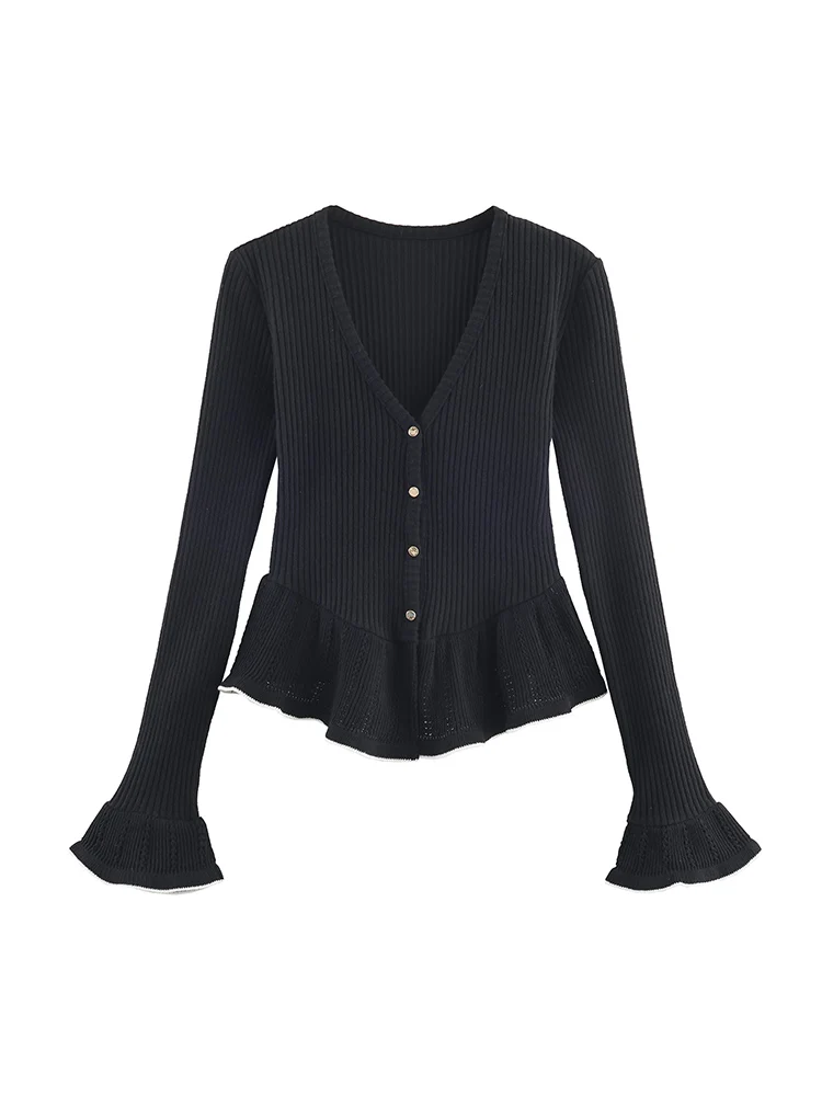 Autumn New Women Casual Cardigan Solid Flare Sleeve Slimming Button Up Knitted Coats Women Retro Knitted Sweater Streetwear