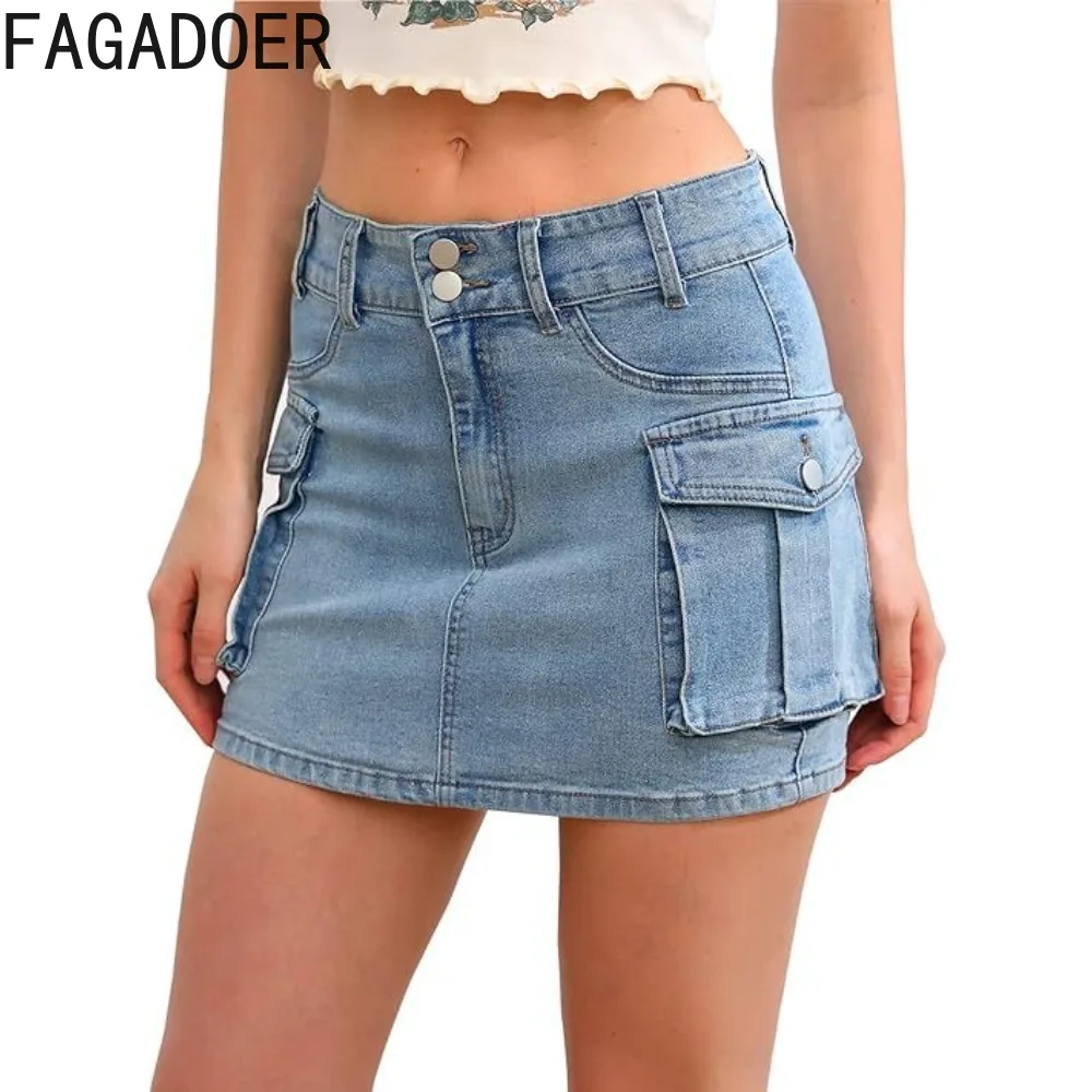 

FAGADOER Blue Denim Fashion Pocket Mini Skirts Women Low Waisted Button Slim Cowboy Skirts Casual Female Matching Bottoms Street