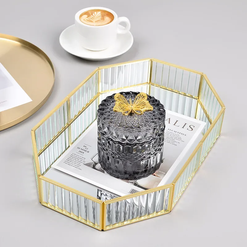 Makeup Storage Tray Glass Transparent Cosmetic Organizer Metal Perfume Lipstick Stand Rectangle Dresser Decoration Tray for Home 4