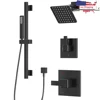 Black Shower Faucet Set with Slide Bar All Metal System Valve 6" Rain Wall Mount Combo Handheld Stainless 16" Arm Hose Bracket 1