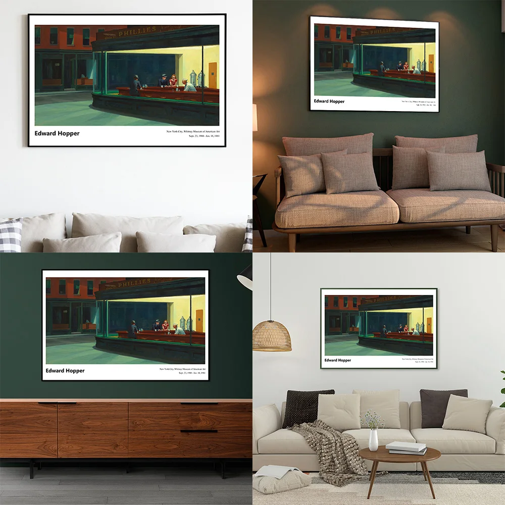 Edward Hopper Exhibition Poster Famoso Dipinto Nighthawks Canvas Print American Realistory Art Living Room Home Wall Decor Cuadros