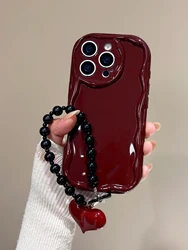 Burgundy Wavy Phone Case with Heart Charm Beaded Wrist Strap - iPhone 15 Plus (Wine red)