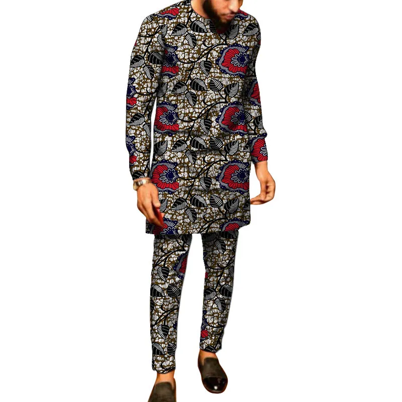 Trendy Print Men's Groom Suit Male Nigerian Simple Full Sleeve Shirt+Pant Set Clothing African Wedding Party Outfits