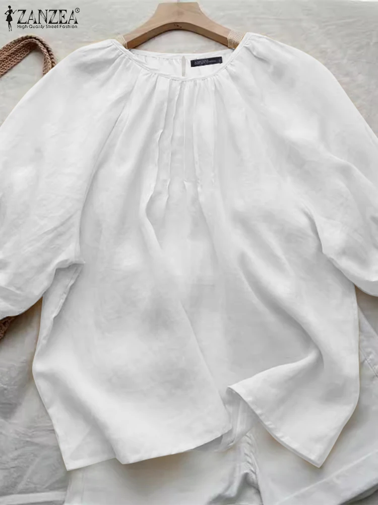 

Топ ZANZEA женский с коротким рукавом, винтажная рубашка в Корейском стиле, Повседневная Свободная блузка, элегантная однотонная туника с круглым вырезом, плиссированная блуза, лето 2024