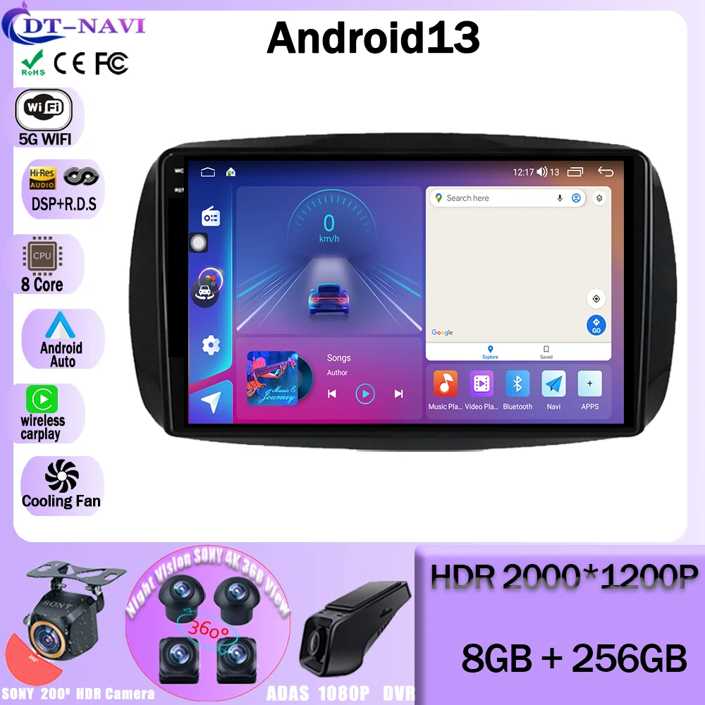 Android 13 Per Mercedes Smart 453 Fortwo 2014 - 2020 2Din Autoradio Lettore Multimediale Scree Gps Radio Wifi 4G Rds Carplay