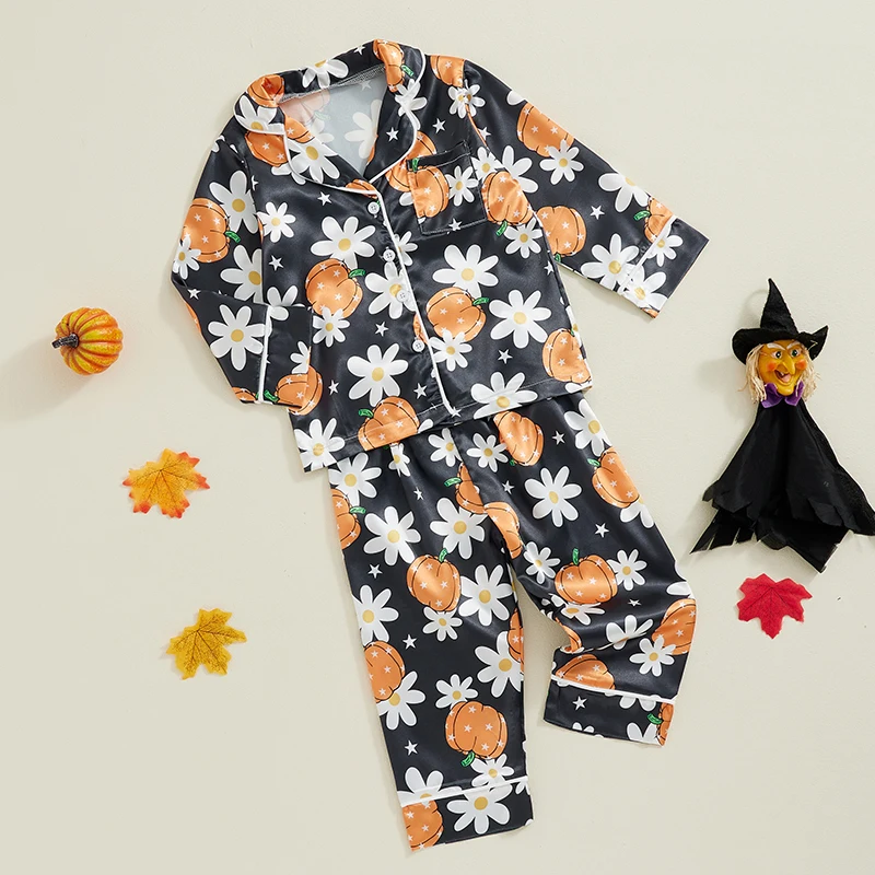 Women s Halloween Pajama Sets with Long Sleeve Lapel Floral Pumpkin Ghost Print Shirt and Pants for Cozy Sleepwear