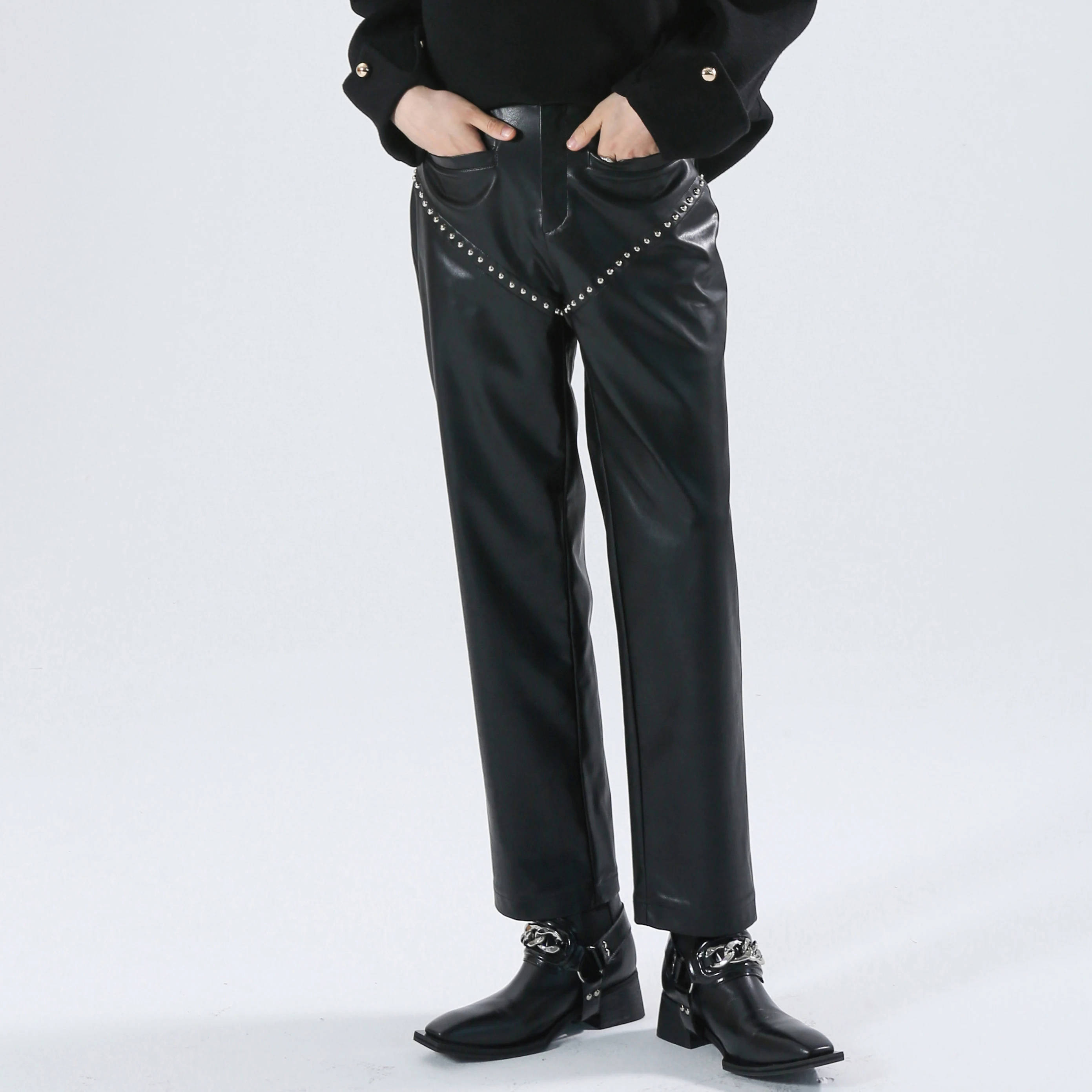 

2022 New Men Women Clothing Original Yamamoto Style Rivet Decorated Straight PU Leather Pants Trousers Plus Size Costumes 27-46