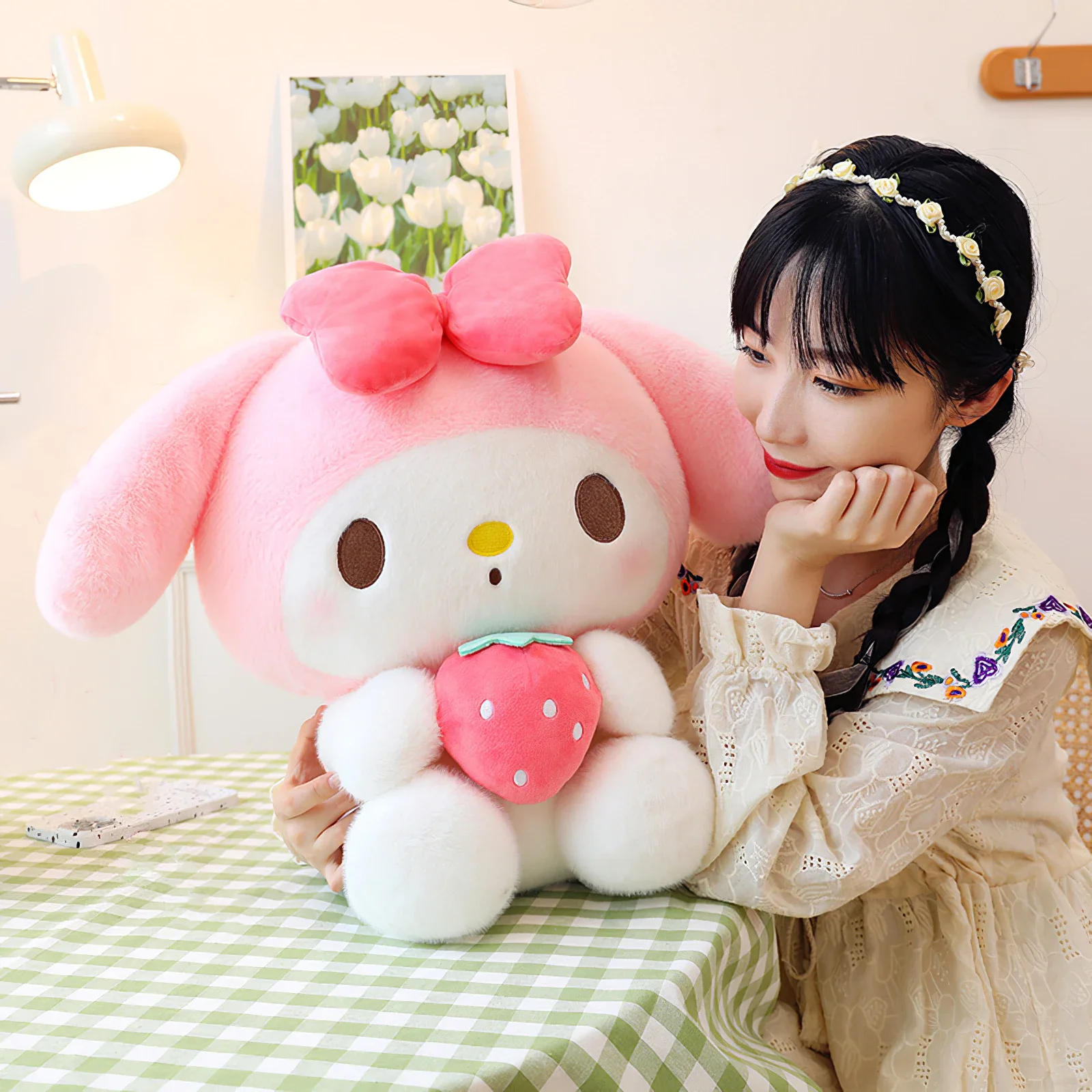 60cm Cute Sanrio Kuromi Plush Toy Kawaii Strawberry My Melody Plushies Soft Stuffed Doll Little Devil Pillow Cushion Girls Gift
