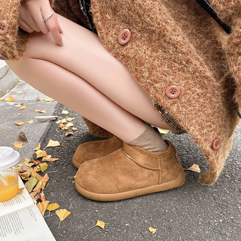 Aphixta Classic Slip On Woman Snow Boots High Quality Cow Suede Woman Winter Shoes Flat With Solid Color Plush Warm Women Boot