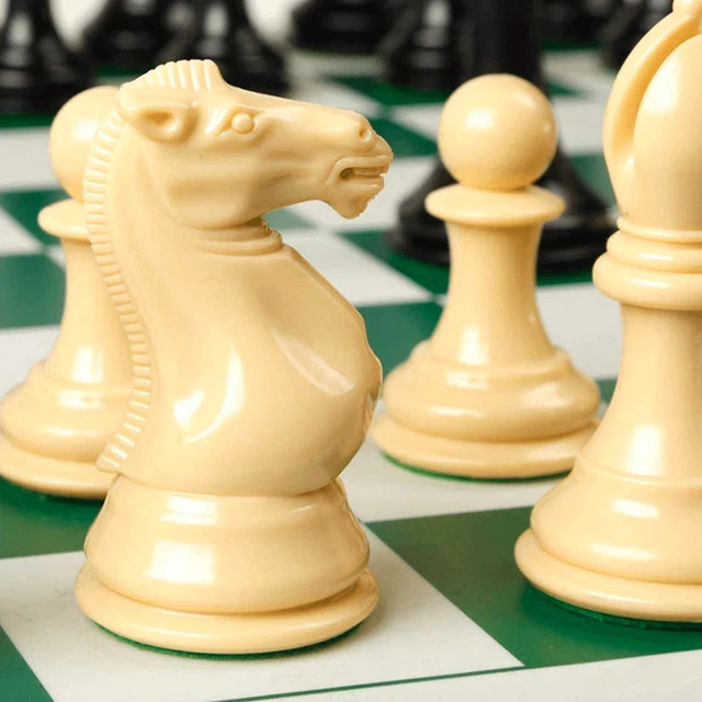 Buy Online Best Quality Tournament Chess Set 90% Plastic Filled Chess Pieces and Green Roll-up Vinyl Chess Board Board Game