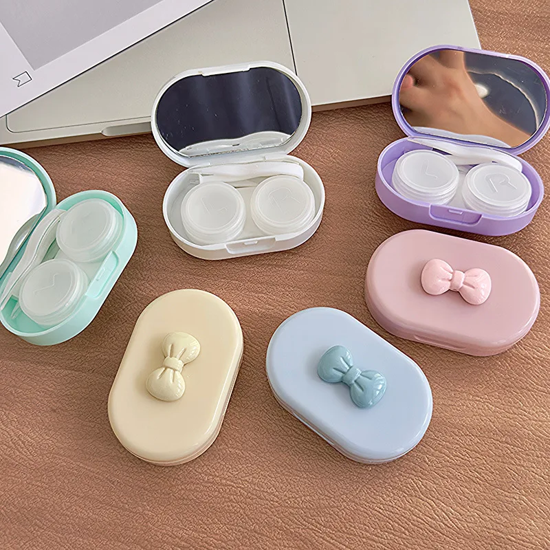 캔디 컬러 콘택트 렌즈 박스 귀여운 리본 휴대용 콘택트 렌즈 케이스(핀셋 흡입..