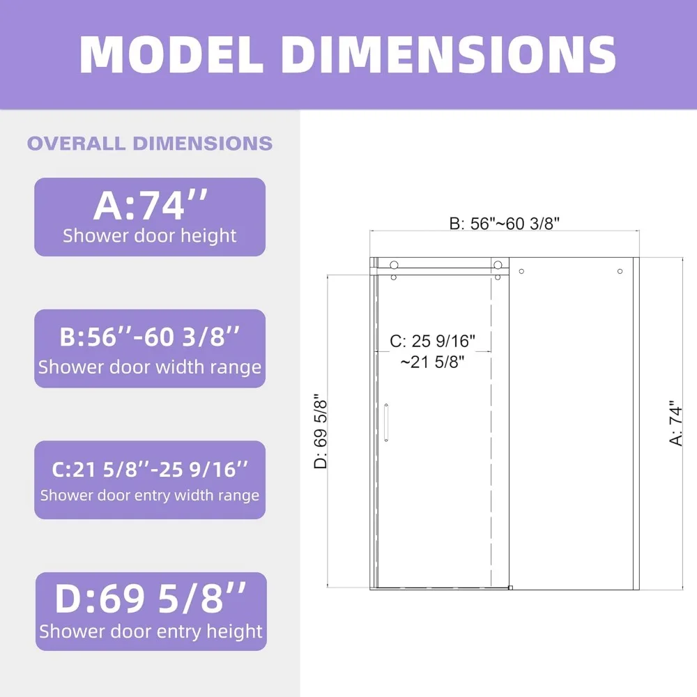 Shower Door, 56-60" W X 74" H Single Sliding Frameless Shower Door with Magnet,5/16" (8mm) Clear Tempered Glass, Chrome 5