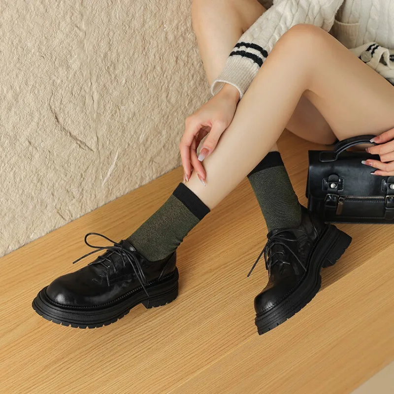 Top layer sheepskin single shoes for women's versatile spring and autumn with lace up small leather shoes and thick soled shoes