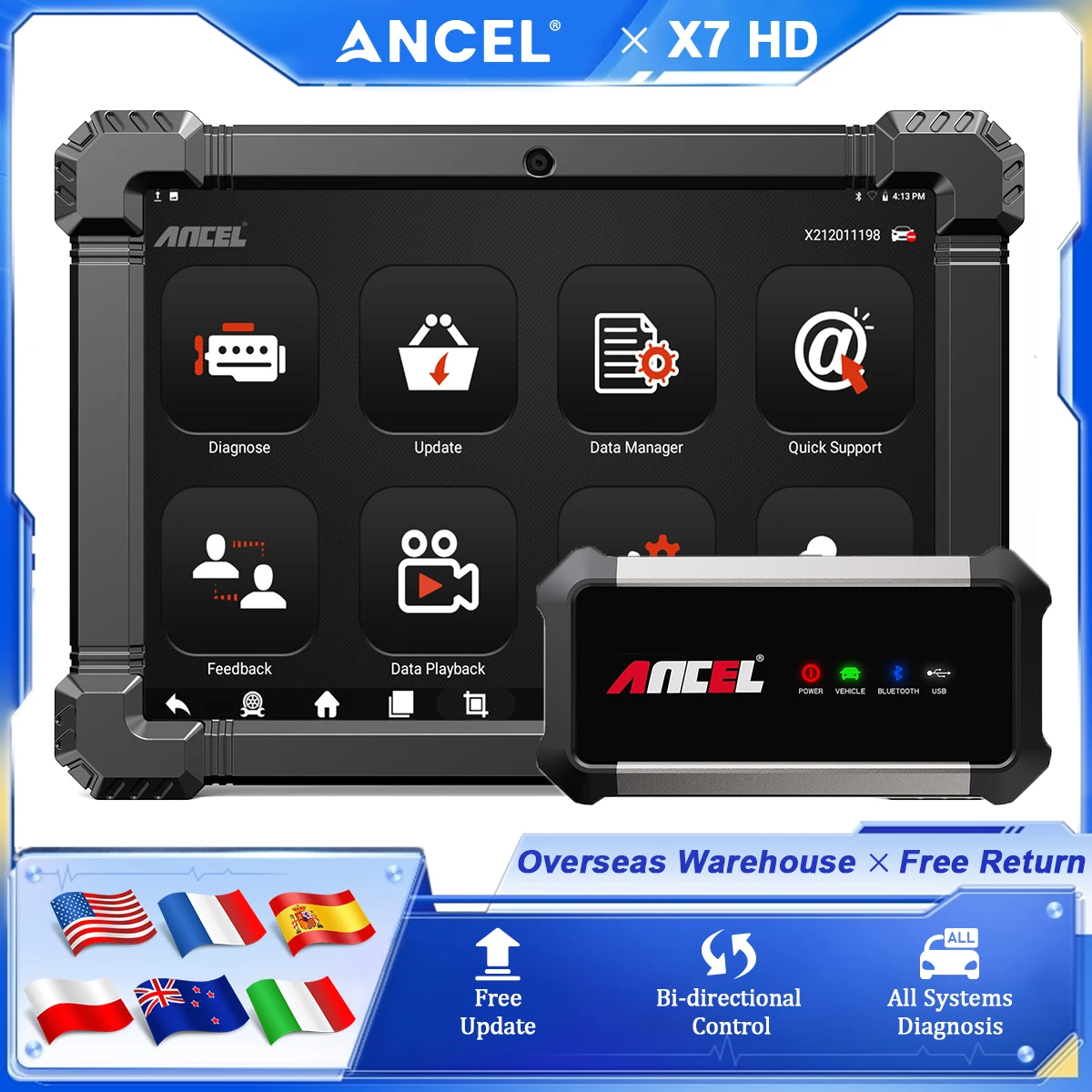 Scanner de Diagnóstico para Caminhões Pesados ANCEL X7 HD OBD2, Ferramenta de Diagnóstico para Todos os Sistemas, Regeneração DPF, Codificação ECU, 40+ Funções de Redefinição, Scanner Bidirecional para Diesel