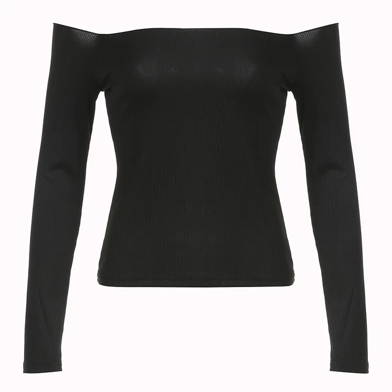 Long Sleeve Black T-ShirtSolid Slash Neck Crop Top Women Off Shoulder Harajuku y2k Femme Clothing Autumn Casual Shirts 2024
