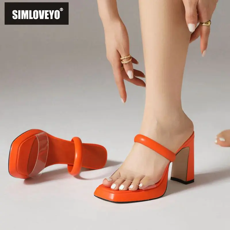 

SIMLOVEYO Brand Women Sandals Square Toe Chunky Heels 9.5cm Platform 2cm Slip On Mules Daily Female Shoes Large Size 43 44 45 46