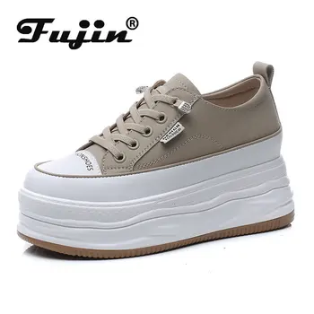 Fujin 7cm 암소 정품 가죽 플랫폼 웨지, 숨겨진 힐, 레이스업 증가, 캐주얼 여성 패션 스니커즈, 숙녀 신발