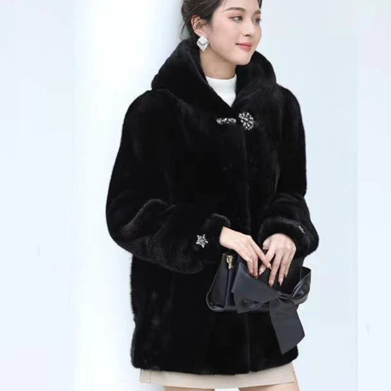 2023 New Women Faux Mink Skin Fur Coat Mid-Length Thickened Warm Hooded Parkas Winter Female Fashion Casual Solid Color Outwear