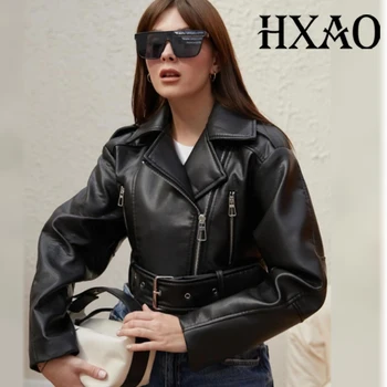 HXAO فو سترة جلدية امرأة معاطف قصيرة حزام المرأة موتو السائق جاكيت زيبرا الشارع ارتداء طويلة الأكمام اقتصاص سترة سوداء