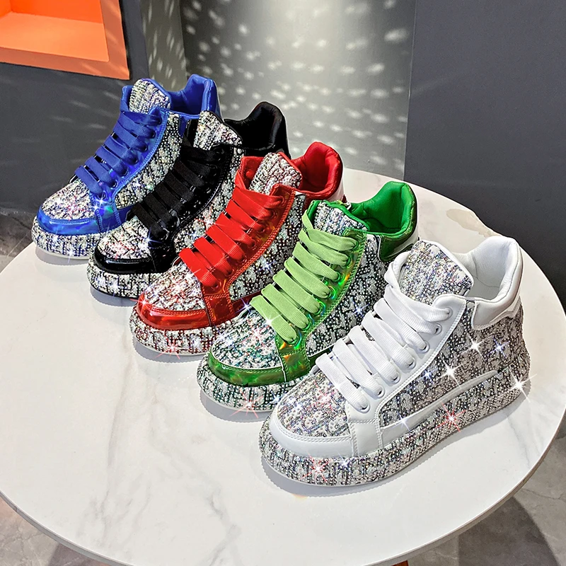

2023 Autumn Luxury Platform Women's Sneakers High Top Lace Up Rhinestone Shiny Women Casual Shoes Outdoor Walking Female Shoes