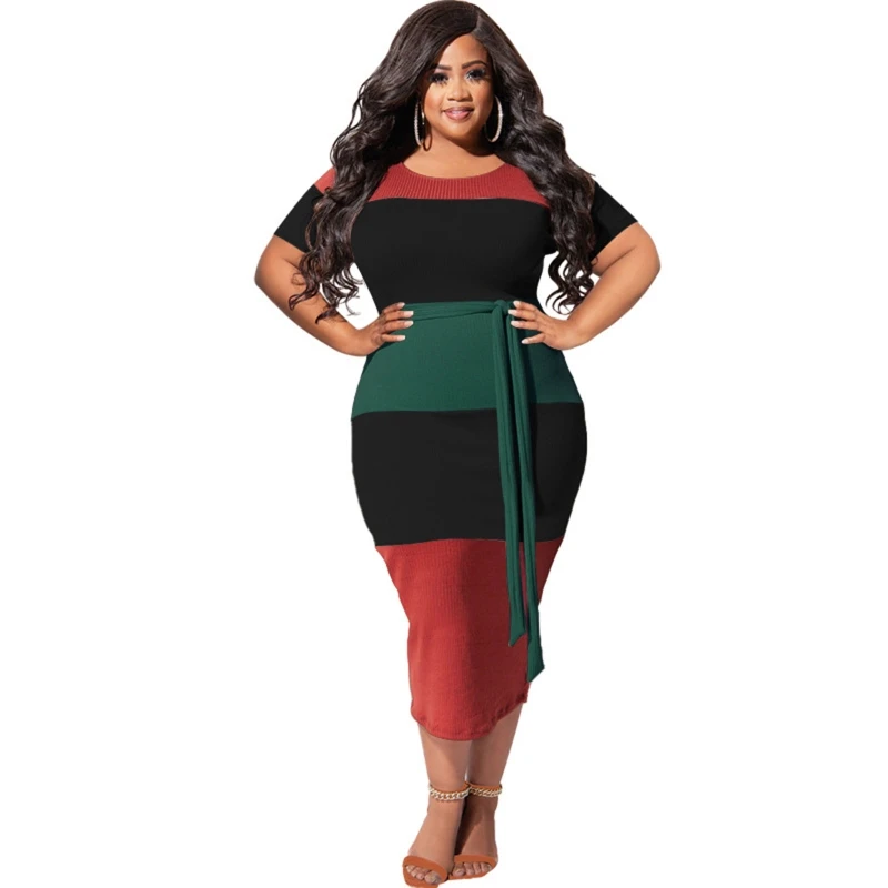 

Womens Round Neck Colorblock Patchwork Nightclub Short Sleeve Bodycon Midi Dress