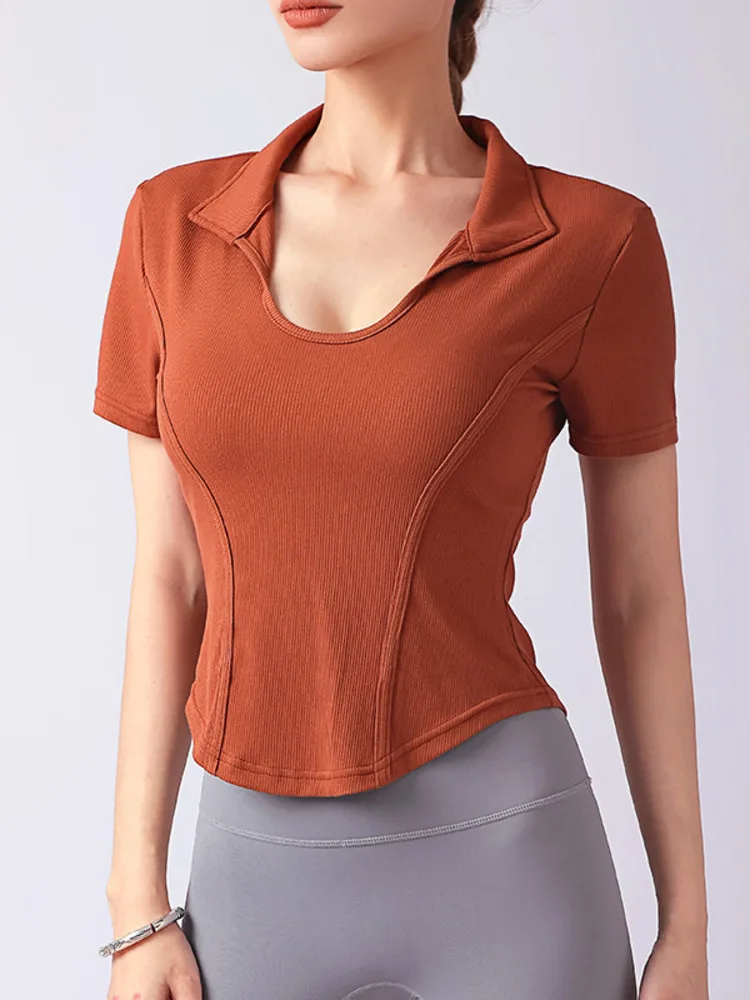 

Solid Color Modern Dance Turnover Collar Yoga Costumes Gala Tops Woman Halloween Classical Costume Short Sleeves Street T-shirt