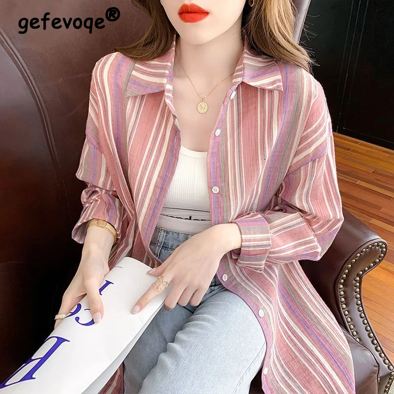 Women Vintage Striped Oversize Streetwear Shirts Spring Autumn Trendy Long Sleeve Blouse Casual Tunic Tops Y2K Blusas Para Mujer