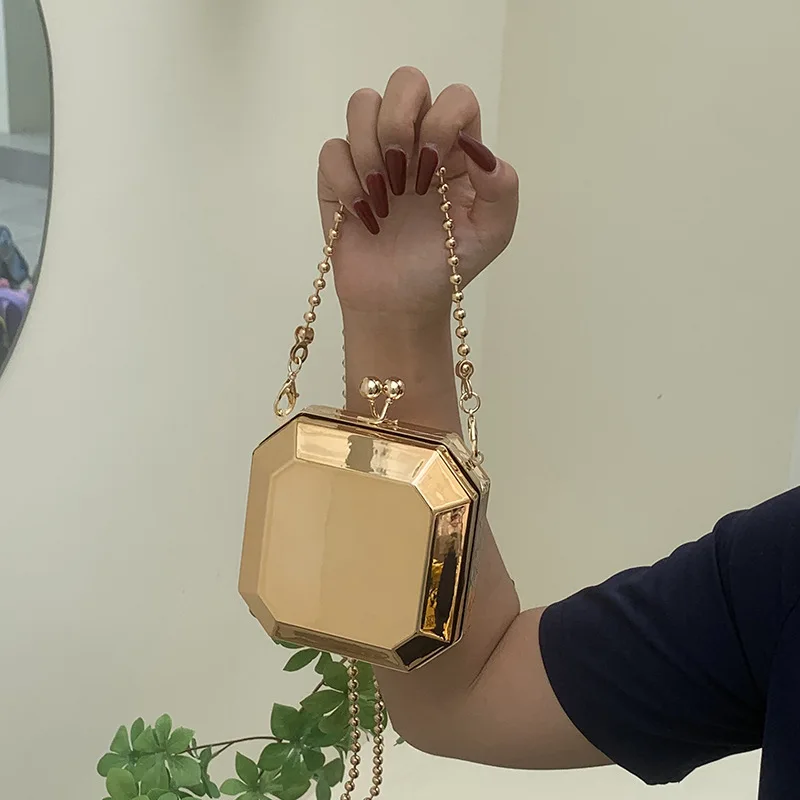 Designer Clutch Bag Gold Silver PVC Box Design Party Evening Chain Shoulder  Crossbody Bags Mini Purses and Handbags
