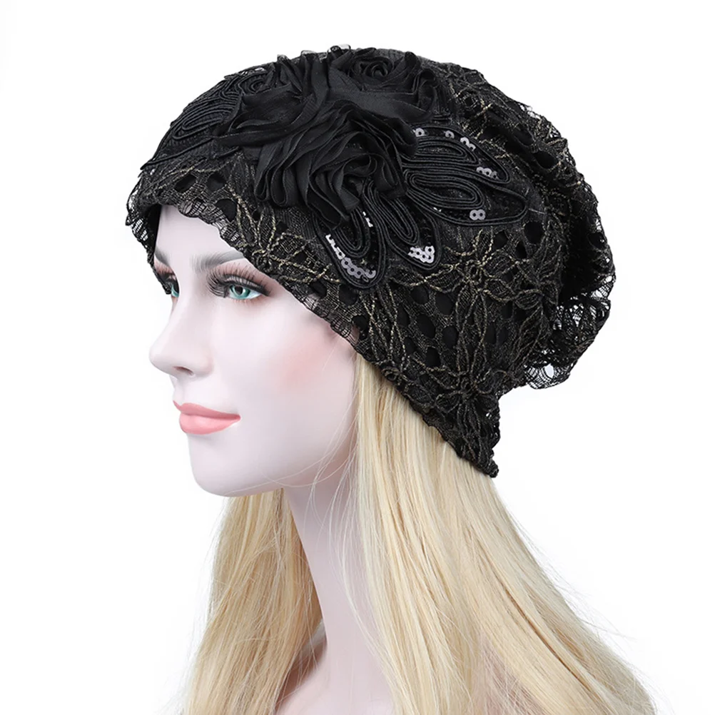 

Fashion Fall Hollow Lace Flower Beanie Hat Women Double-deck (Black)