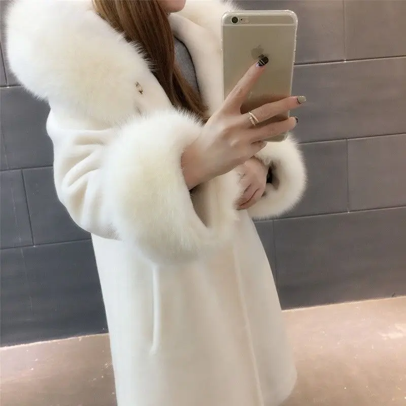 Imitation Fox Hair Winter New Hooded Sheep Sheared Fur Coat Wool Coat Women's Medium And Long Thickened Korean Slim Fit