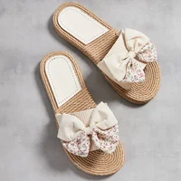 Female Summer Slippers Artificial Straw Sole Shoes Lady Summer Indoor Flat with Flip Flops Stitching Floral Women Slippers - Image 6